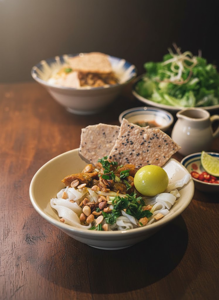 Tô mỳ quảng tôm thịt đặc trưng của Bếp Củi với rau sống và bánh tráng